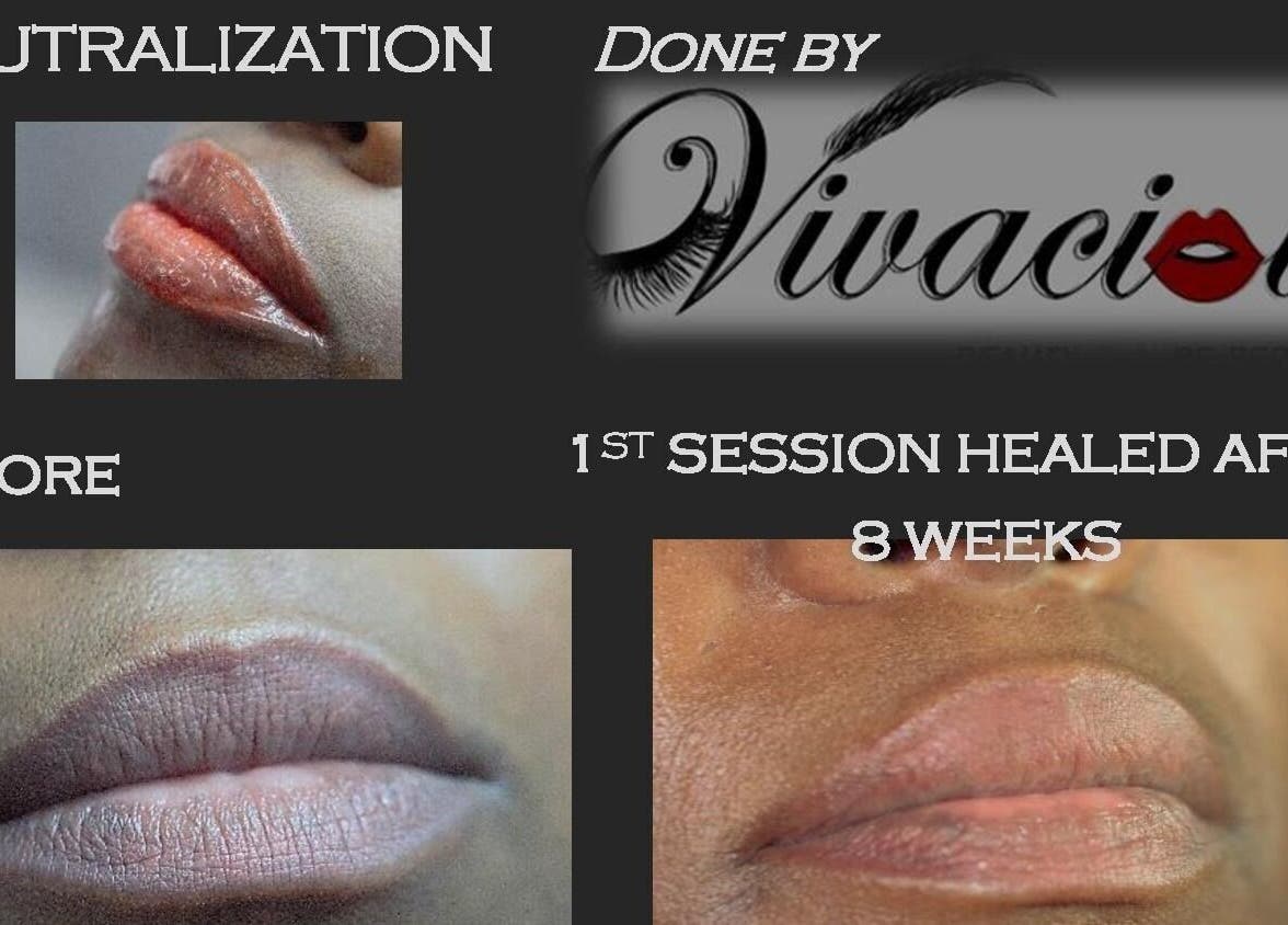 Lip neutralization before and after at Vivacious Permanent Beauty, Pretoria, Gauteng, ZA. Healed after 8 weeks.