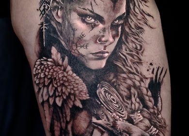 Intricate Viking tattoo design at Lucky Bird Tattoo Studio, Somerton, England, GB showcasing fine artistry.
