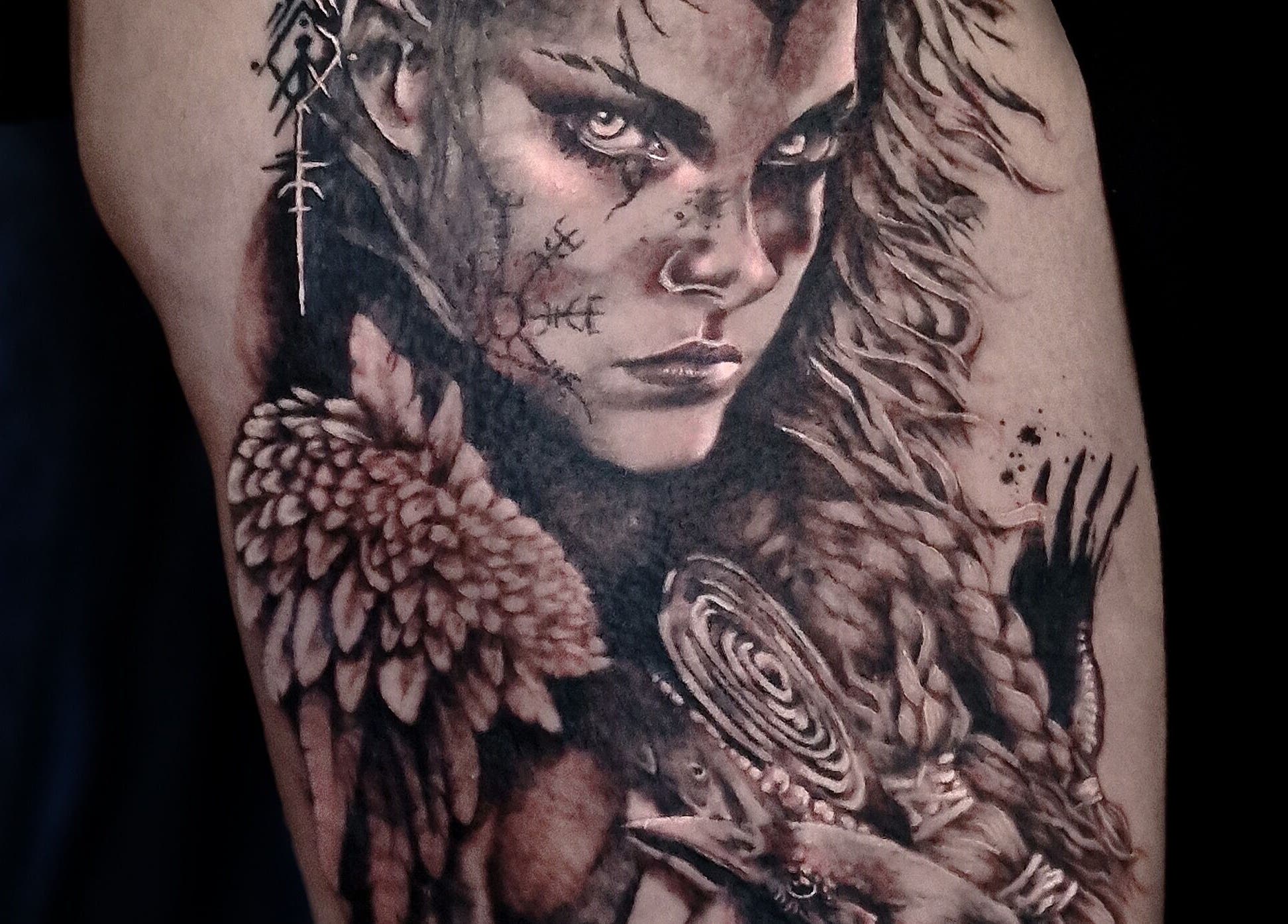 Intricate Viking tattoo design at Lucky Bird Tattoo Studio, Somerton, England, GB showcasing fine artistry.