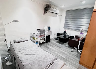 Tranquil treatment space at Solo Skin Beauty, Skudai, Johor, MY, with bed and equipment.