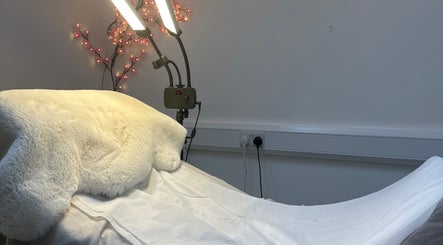 Relaxing treatment area at Velvet Beauty, London, England, GB, featuring plush decor and soft lighting.
