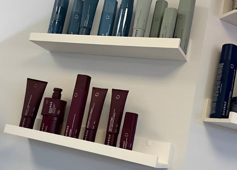 Shelves with beauty products at Barbara Sue Aesthetics Ltd, Felixstowe, England, GB.