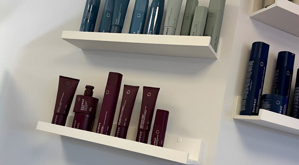 Shelves with beauty products at Barbara Sue Aesthetics Ltd, Felixstowe, England, GB.
