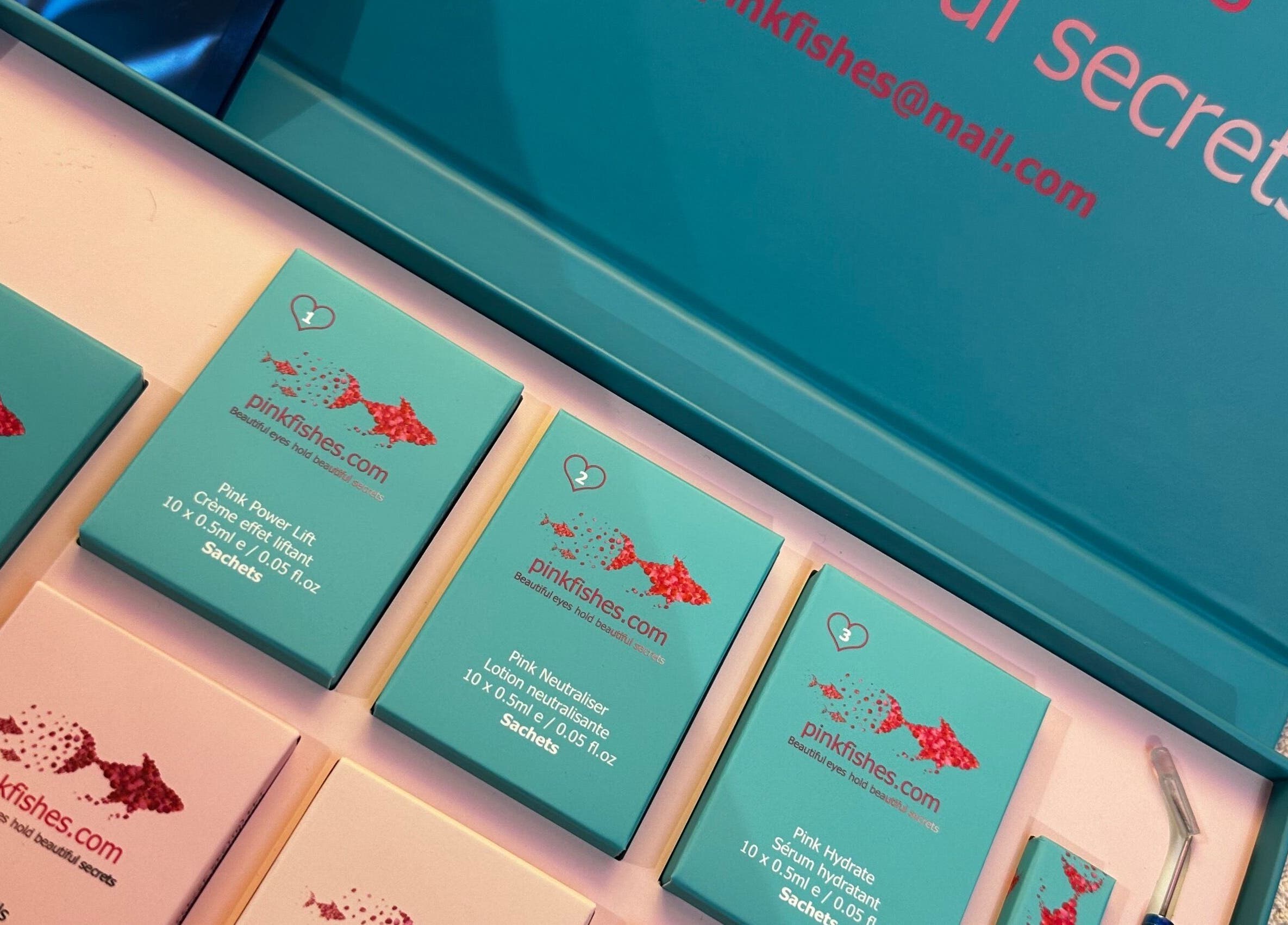 Open beauty product box from Barbara Sue Aesthetics Ltd, Felixstowe, England, GB showcasing skincare sachets.