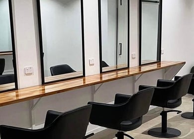 Elegant styling station with mirrors at Mane Haus, offering premium beauty services in Melbourne, Victoria, AU.