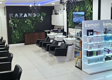 Kazanoo Hair By Adrian salon in Galway, County Galway, IE, featuring modern chairs and a lush plant wall.