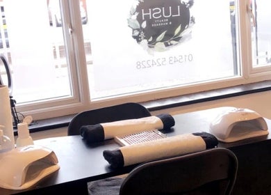 Cozy nail station at Lush Beauty and Massage, Heath Hayes, England, GB with manicure tools and window view.