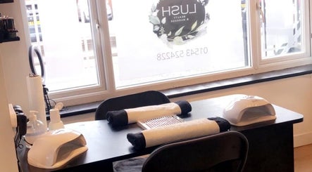 Cozy nail station at Lush Beauty and Massage, Heath Hayes, England, GB with manicure tools and window view.
