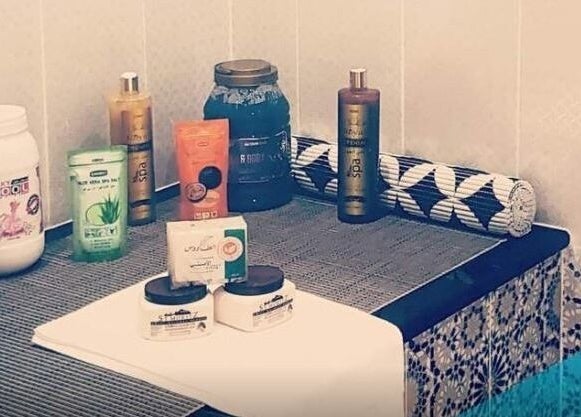 Grooming products at Spark Gents Salon in Abu Dhabi, Abu Dhabi, AE on a neatly arranged counter.