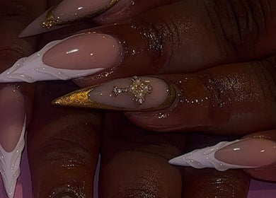 Unique nail art with gold accents at That Girl Collection, Ajax, CA.