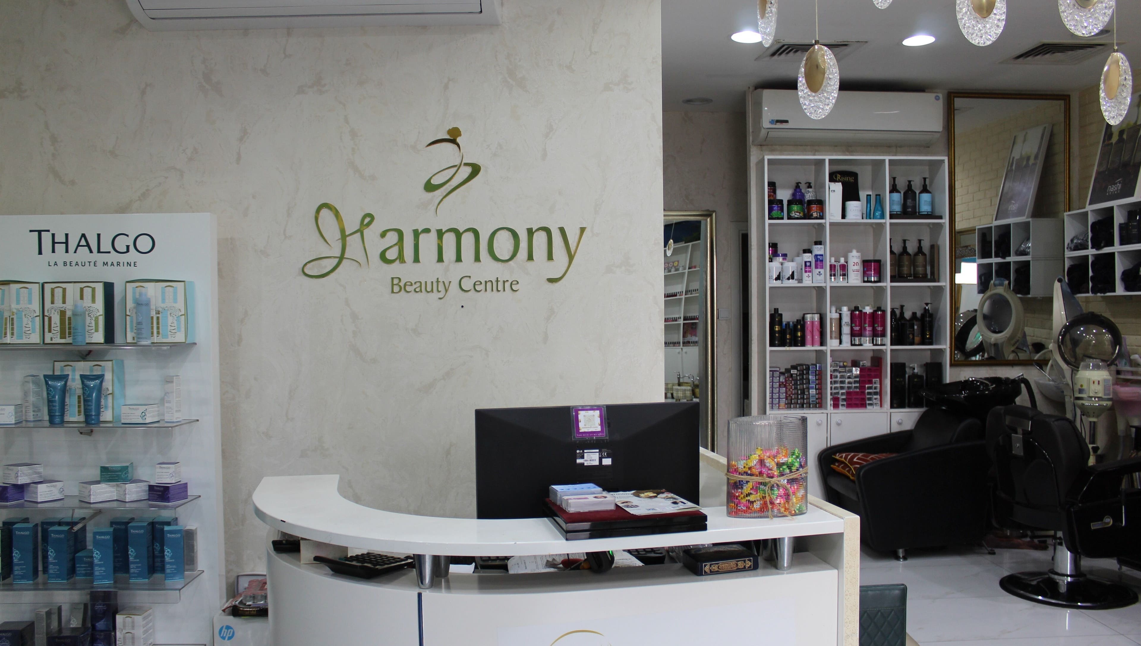 Reception area of Harmony Ladies Salon, showcasing beauty products, located in Dubai, Dubai, AE.