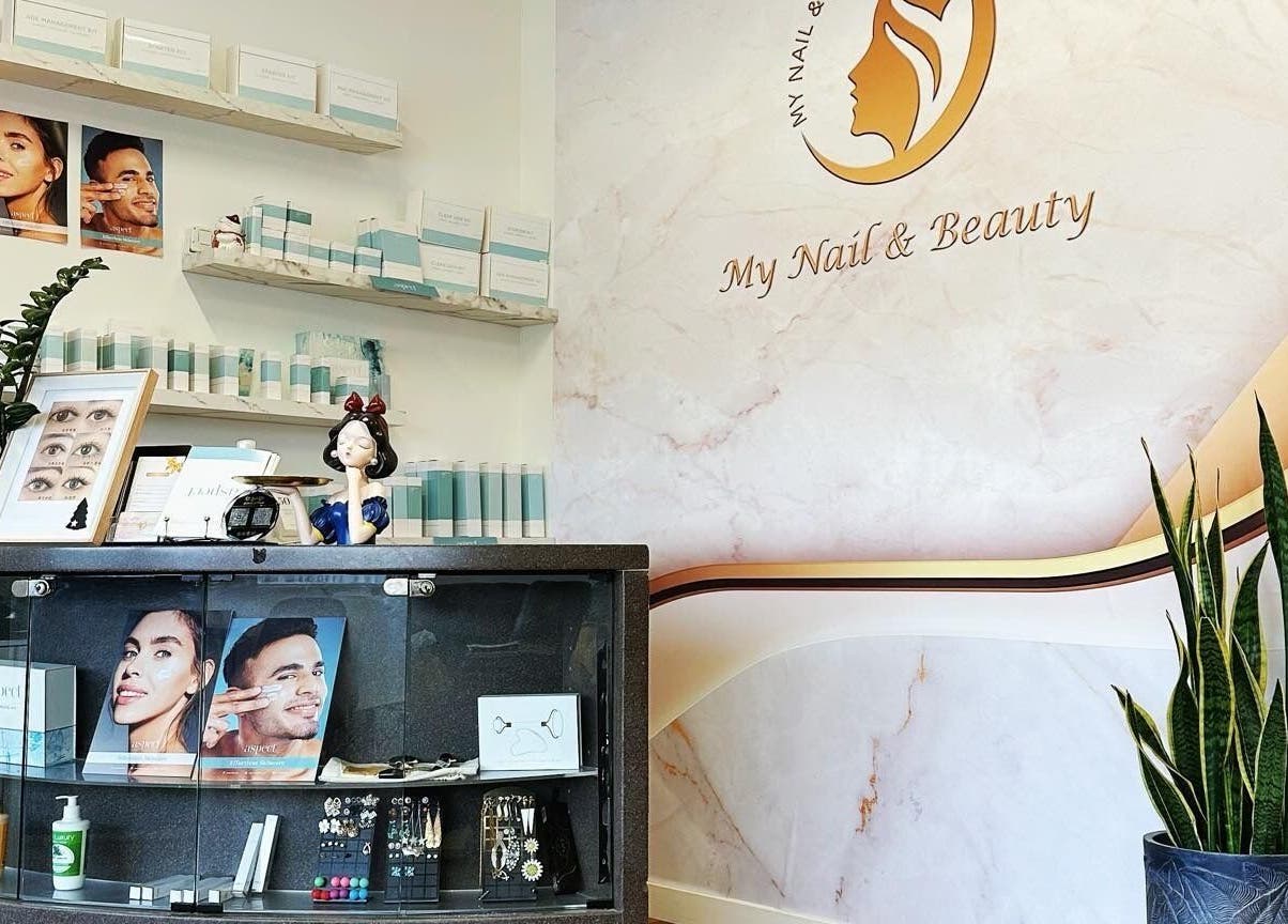 Elegant reception at My Nail & Beauty, Christchurch, Canterbury, NZ with stylish decor and product display.