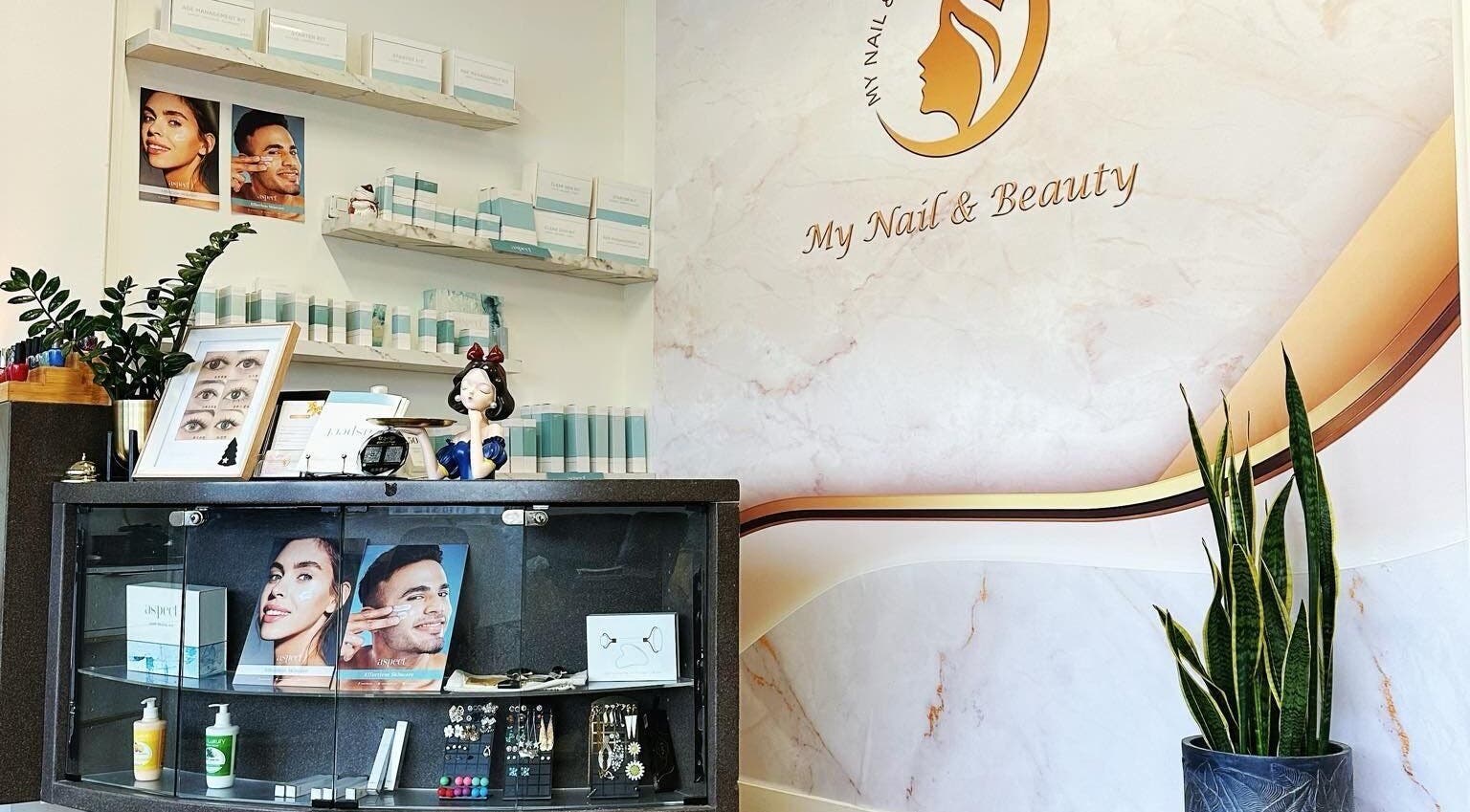 Elegant reception at My Nail & Beauty, Christchurch, Canterbury, NZ with stylish decor and product display.