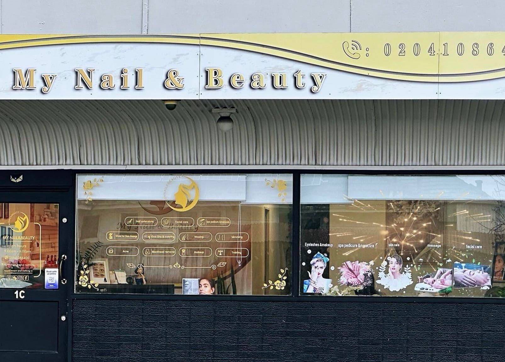 Exterior of My Nail & Beauty in Christchurch, Canterbury, NZ showcasing services and contact information.