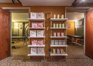 Shelves of beauty products at Zen Beauty Lounge LLC, Stroudsburg, Pennsylvania, US.