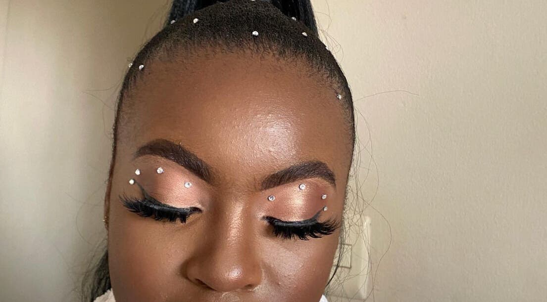 Elegant eye makeup with gems at Touch by Thato Kempton Park, Gauteng, ZA.