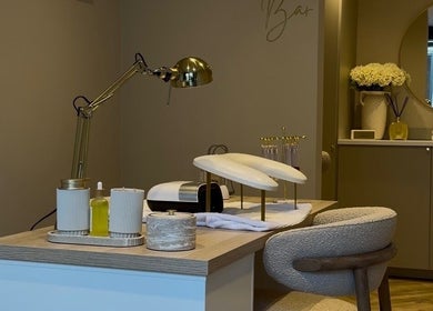 Elegant beauty station at The Blush Bar, Killingworth, England, GB, featuring spa essentials and ambient lighting.
