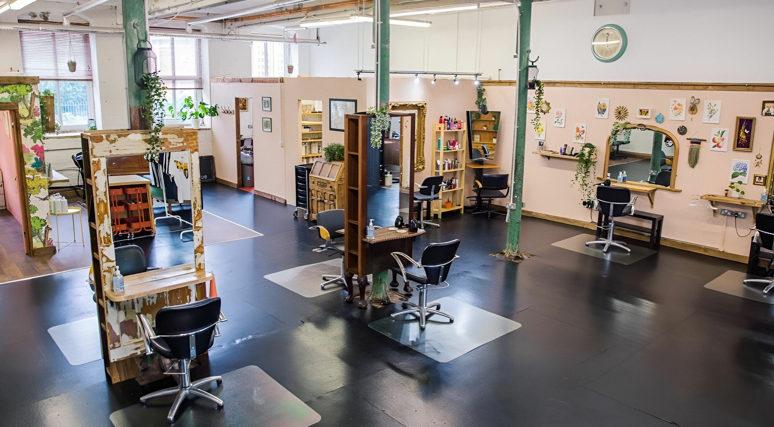 Chic interior of Grays Salon in Leeds, England, GB with modern decor and styling stations.