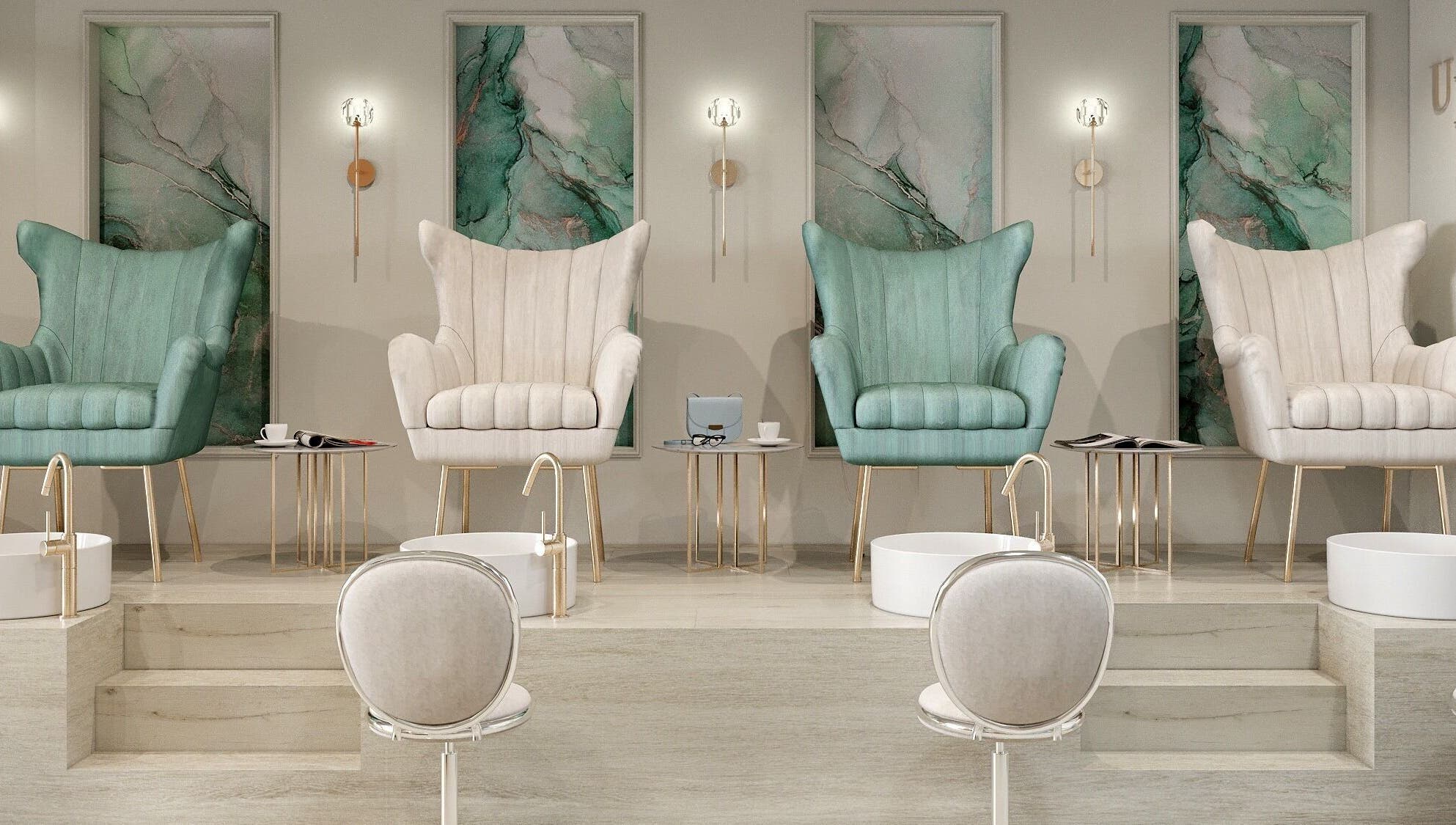 Luxurious seating at Upscale Nail Studio, Vancouver, British Columbia, CA for ultimate relaxation.