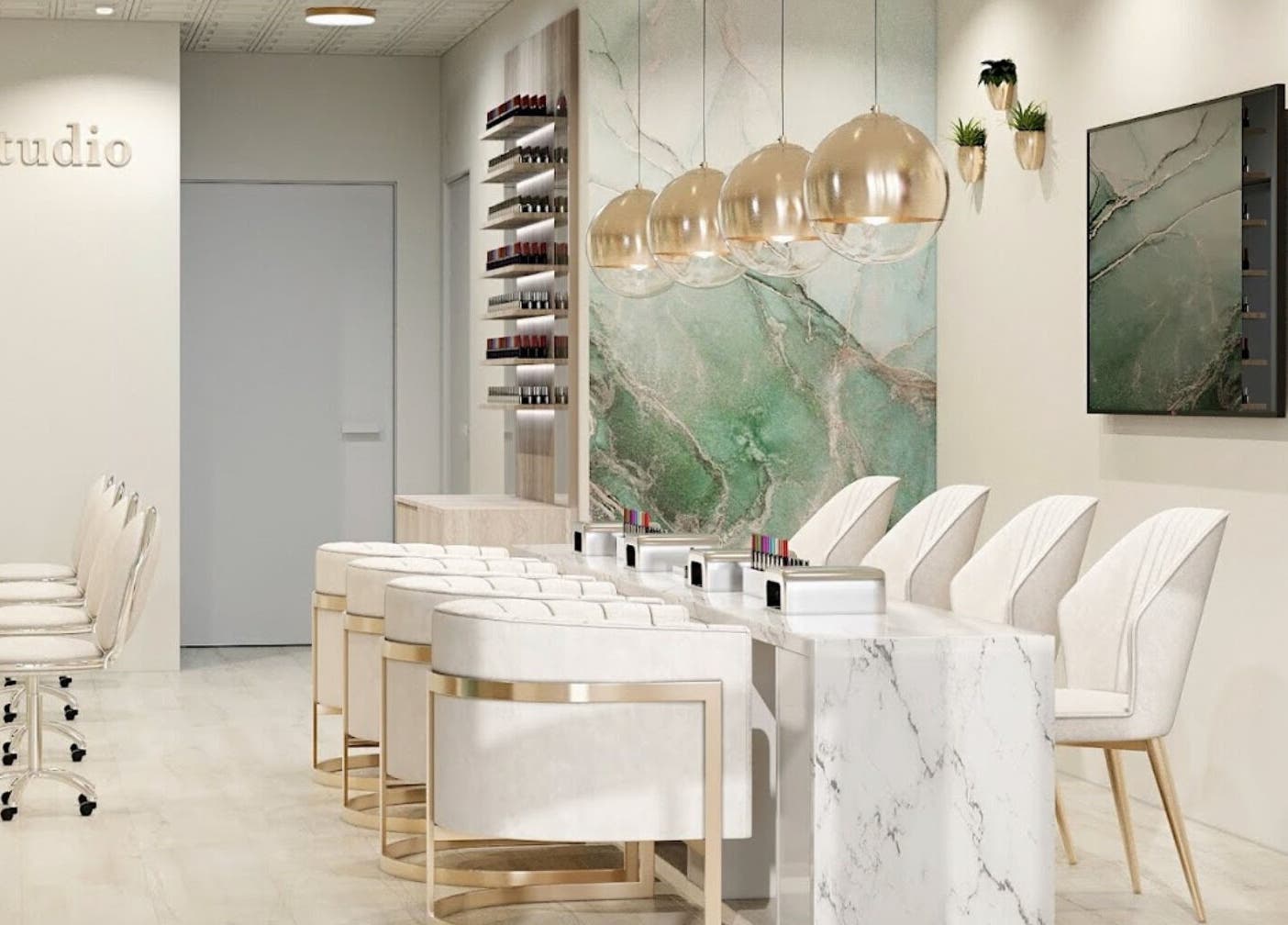 Elegant interior of Upscale Nail Studio in Vancouver, British Columbia, CA with marble decor and plush seating.