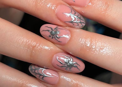 Unique spider web nail art at Jade Saunders Nails in Rugby, England, GB. Perfect for creative style lovers.
