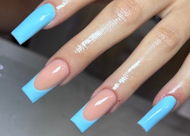 Stylish blue and nude manicure at Jade Saunders Nails, Rugby, England, GB.