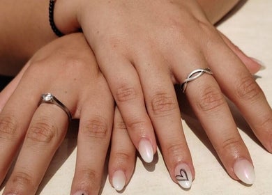 Stylish nude nails with heart design at Black and Purple Pride of Royalty, Roodepoort, Gauteng, ZA.