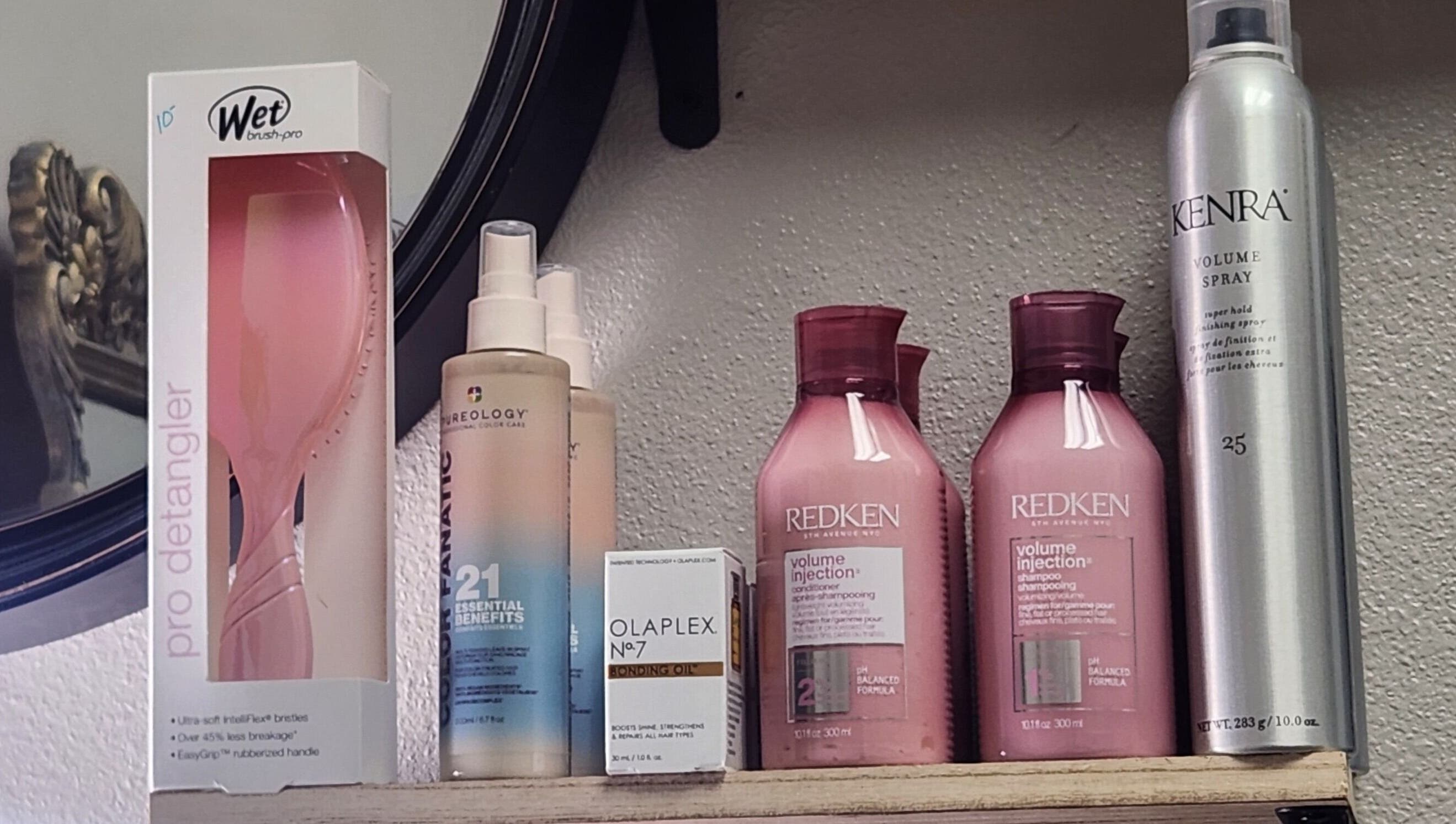 High-end haircare products on a shelf at Sandpiper Beauty Co., Mary Esther, Florida, US.
