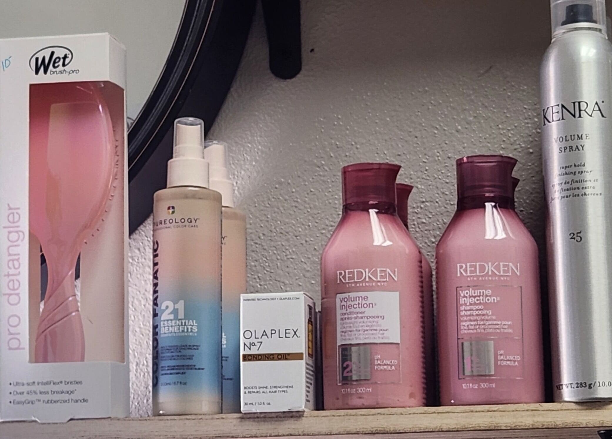 High-end haircare products on a shelf at Sandpiper Beauty Co., Mary Esther, Florida, US.