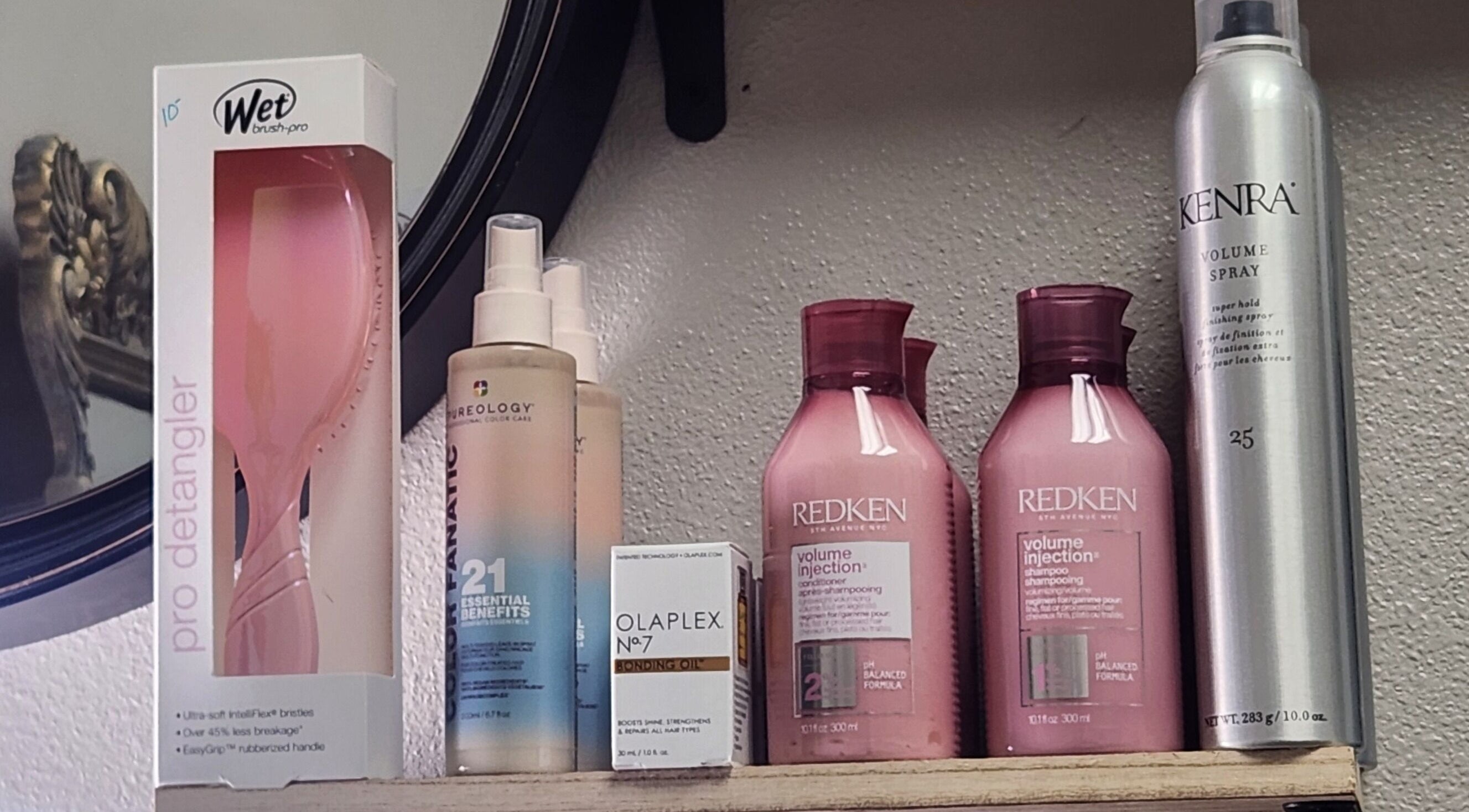 High-end haircare products on a shelf at Sandpiper Beauty Co., Mary Esther, Florida, US.