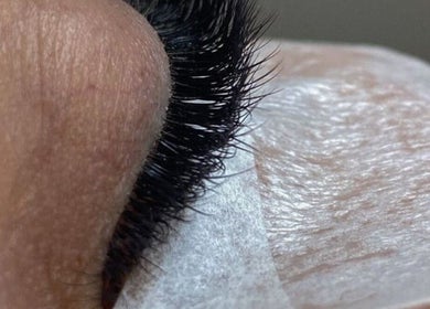Close-up of eyelash extensions at Selfie Lounge, London, England, GB, showcasing detailed lash work.