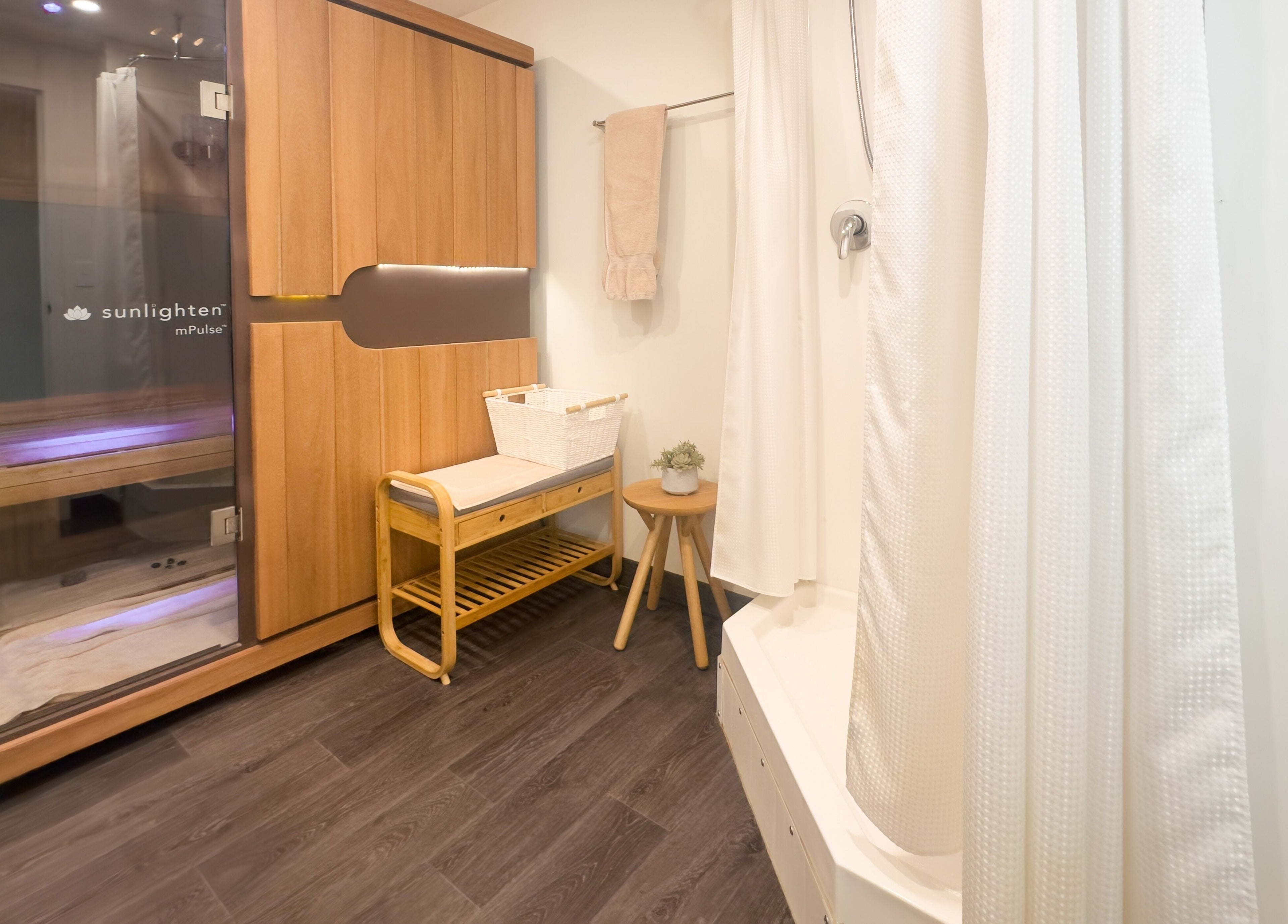 Elegant relaxation area at The Serenity Bungalow, Drummoyne, New South Wales, AU with sauna and seating.