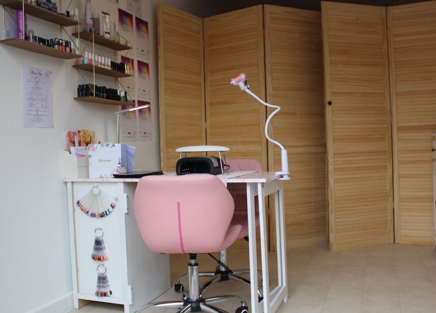 Bright, welcoming interior of No.8 The Nail and Beauty Lounge in Gressenhall, England, GB featuring nail care setup.