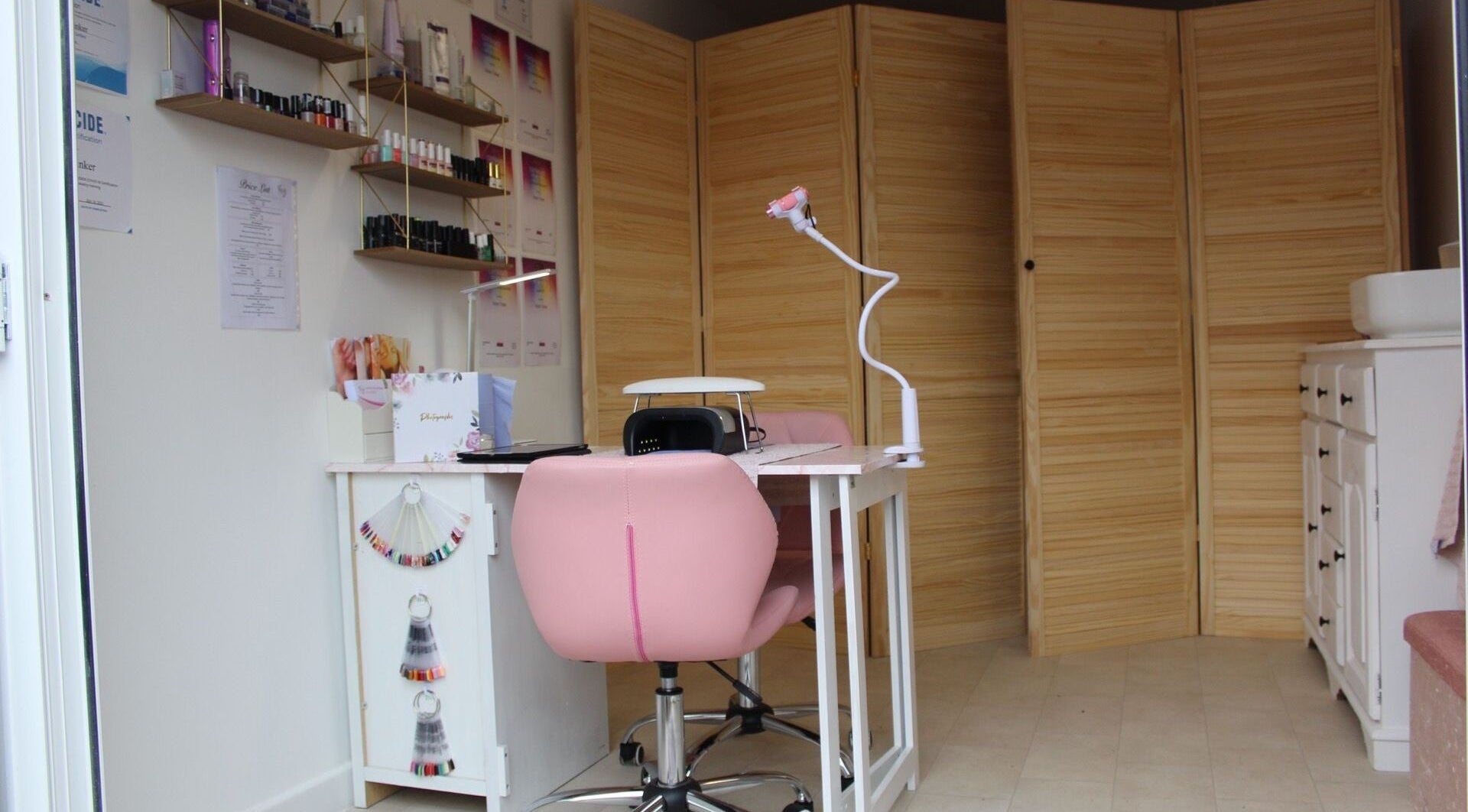 Bright, welcoming interior of No.8 The Nail and Beauty Lounge in Gressenhall, England, GB featuring nail care setup.
