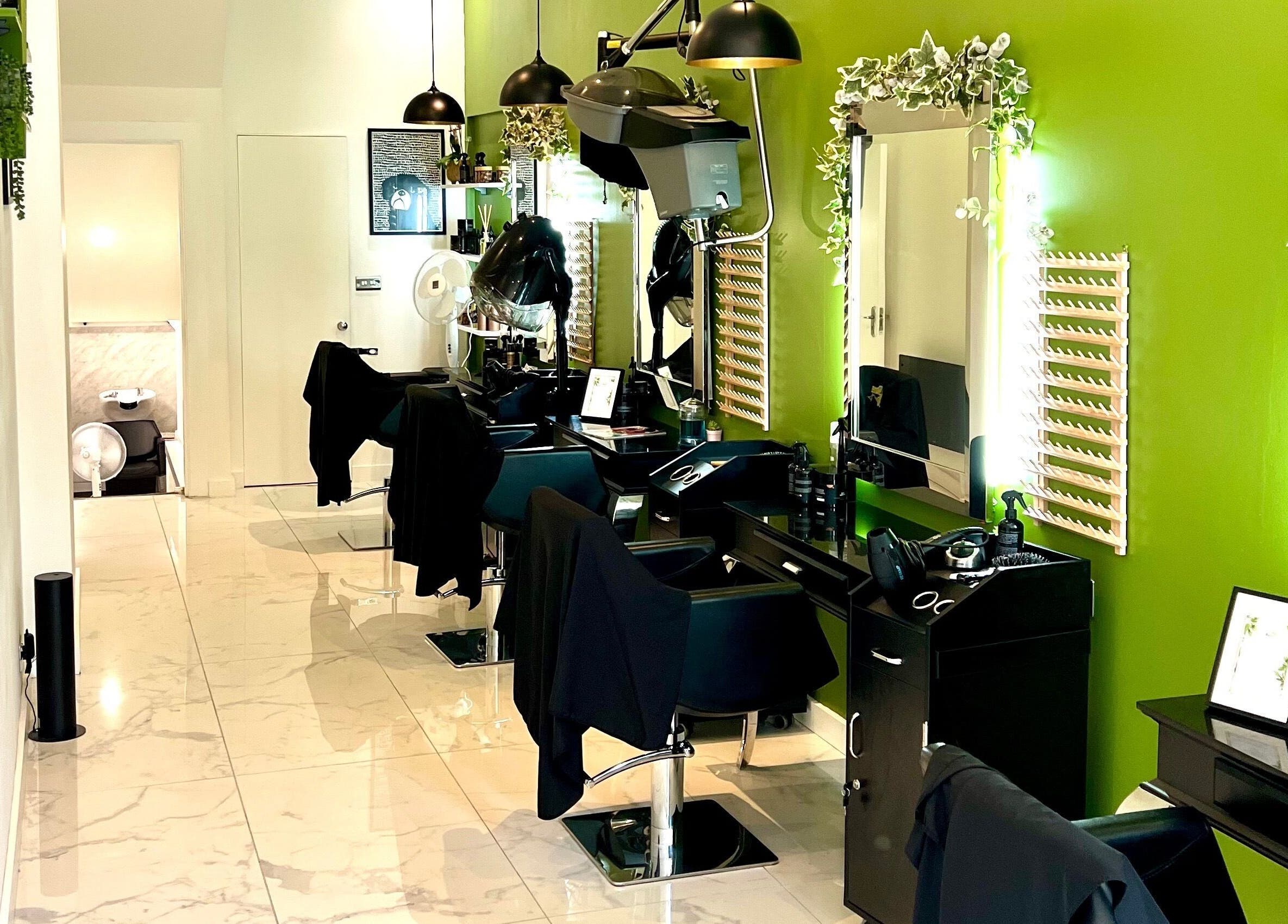 Stylish salon chairs and mirrors at The Braiding Vault Uk, London, England, GB with green accent wall.