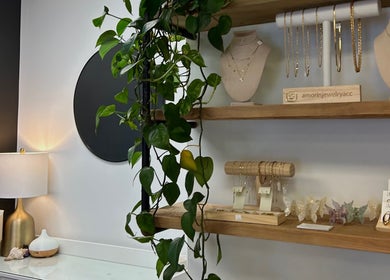 Elegant jewelry display shelves at Xoéy Nail Artistry, St. Albert, Alberta, CA featuring hanging plants and accessories.