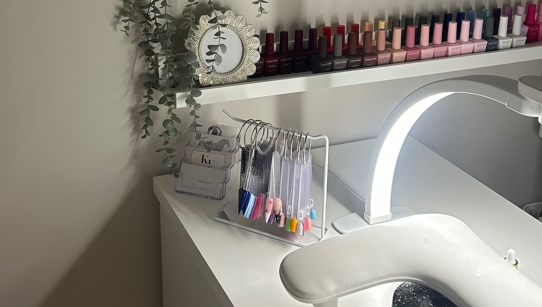 Modern nail polish display at Xoéy Nail Artistry in St. Albert, Alberta, CA.