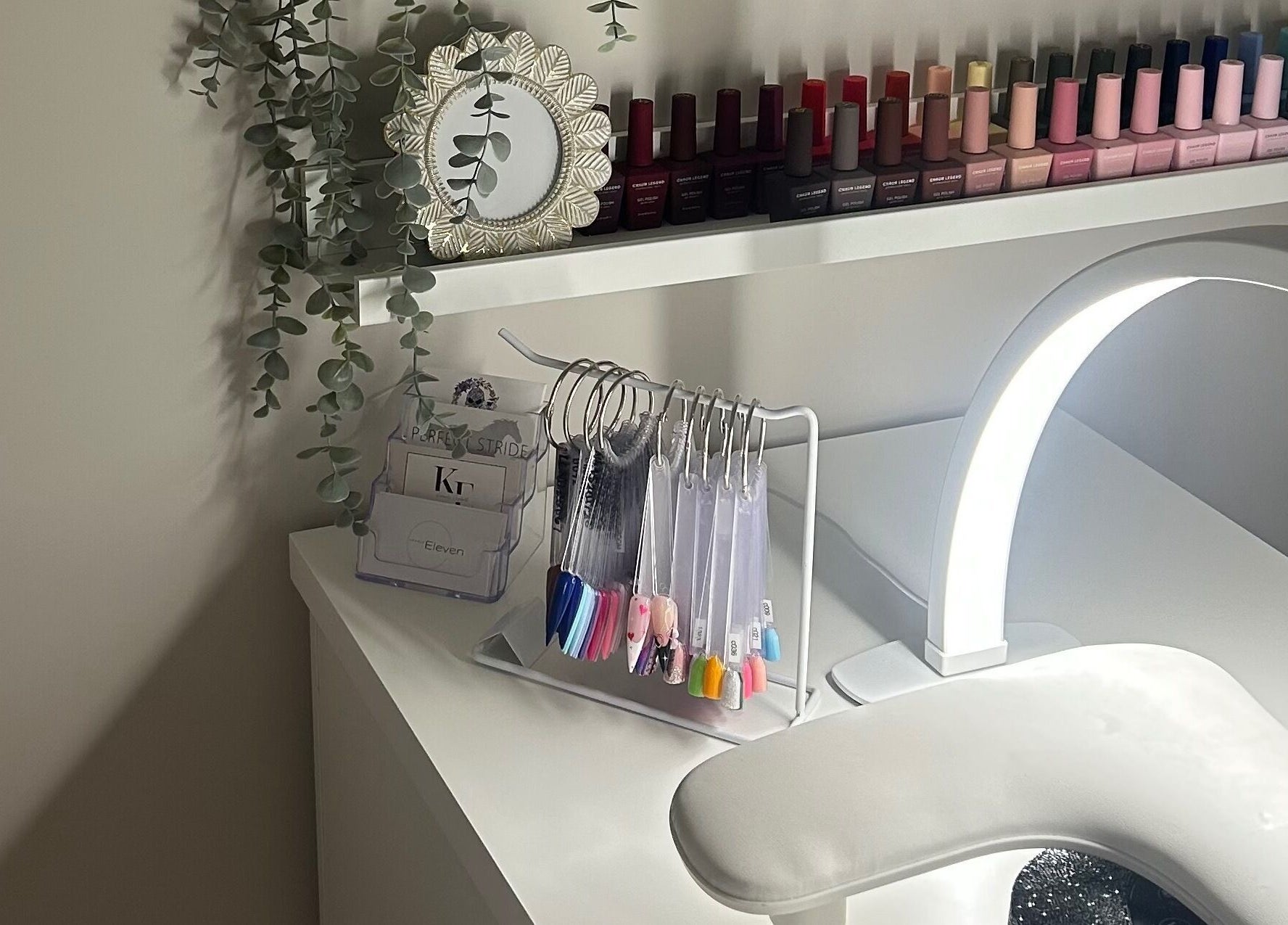 Modern nail polish display at Xoéy Nail Artistry in St. Albert, Alberta, CA.