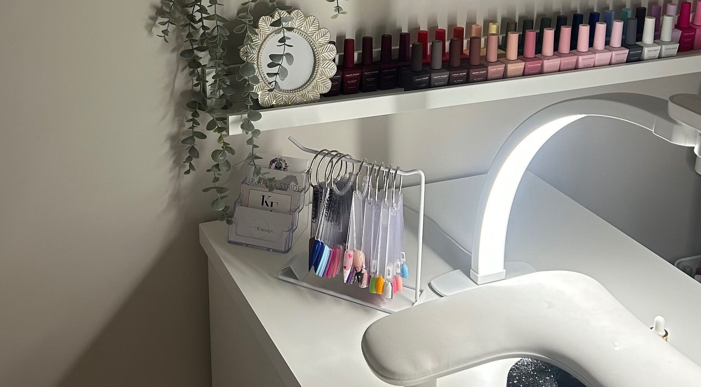 Modern nail polish display at Xoéy Nail Artistry in St. Albert, Alberta, CA.