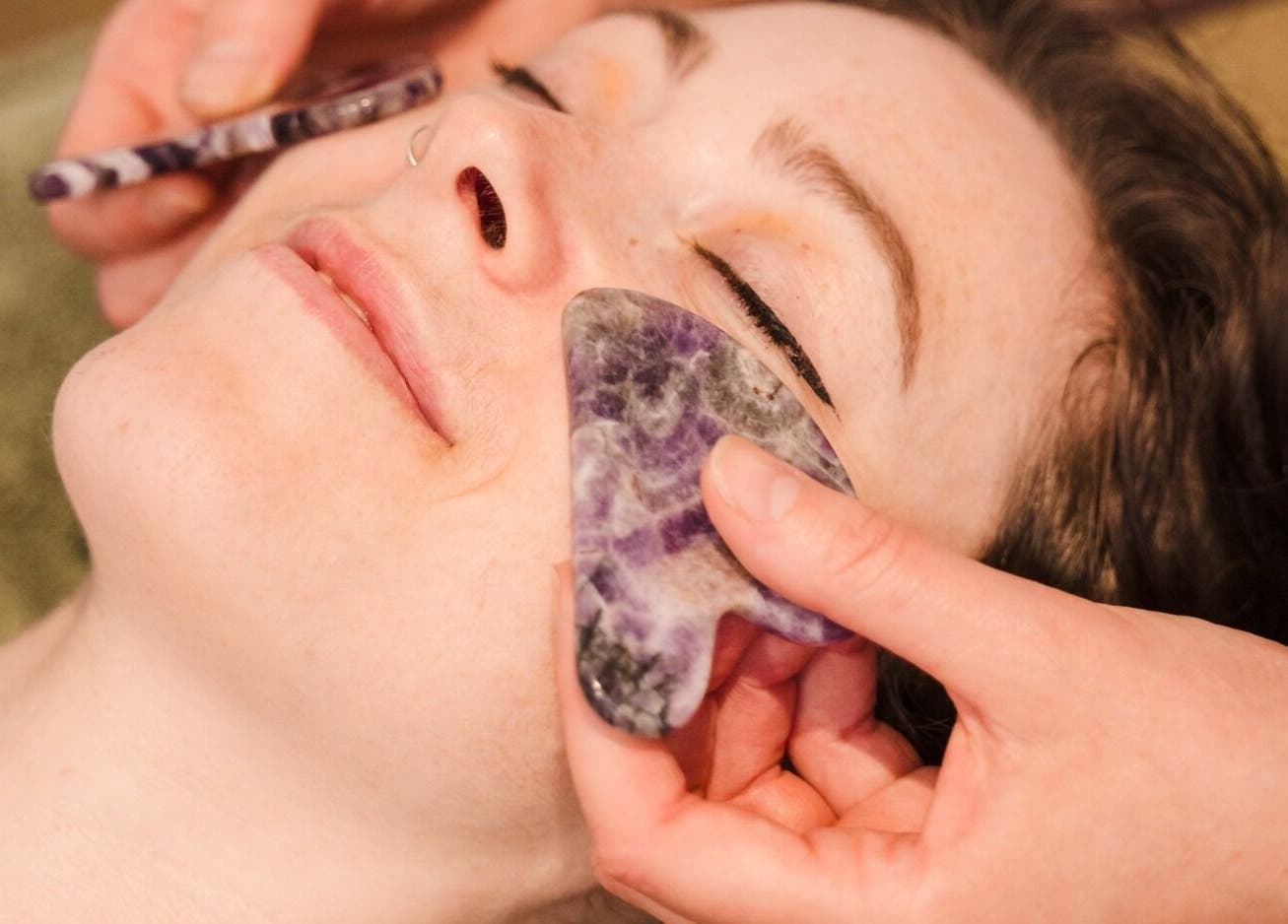 Amethyst crystal facial massage at Bloom Well Being, Newcastle upon Tyne, England, GB.