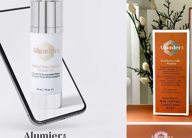 AlumierMD serums displayed at The Peel Queen, Addlestone, England, GB, enhancing skin wellness.
