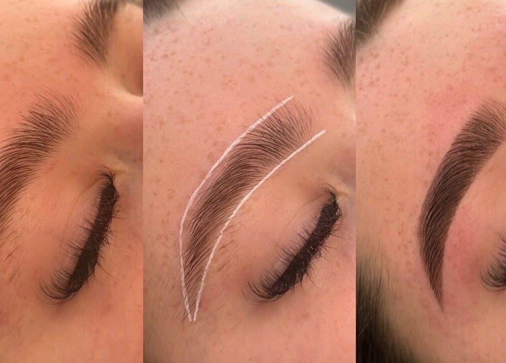 Eyebrow shaping process at By Marcella (Clitheroe), Clitheroe, England, GB. Before and after styling results.