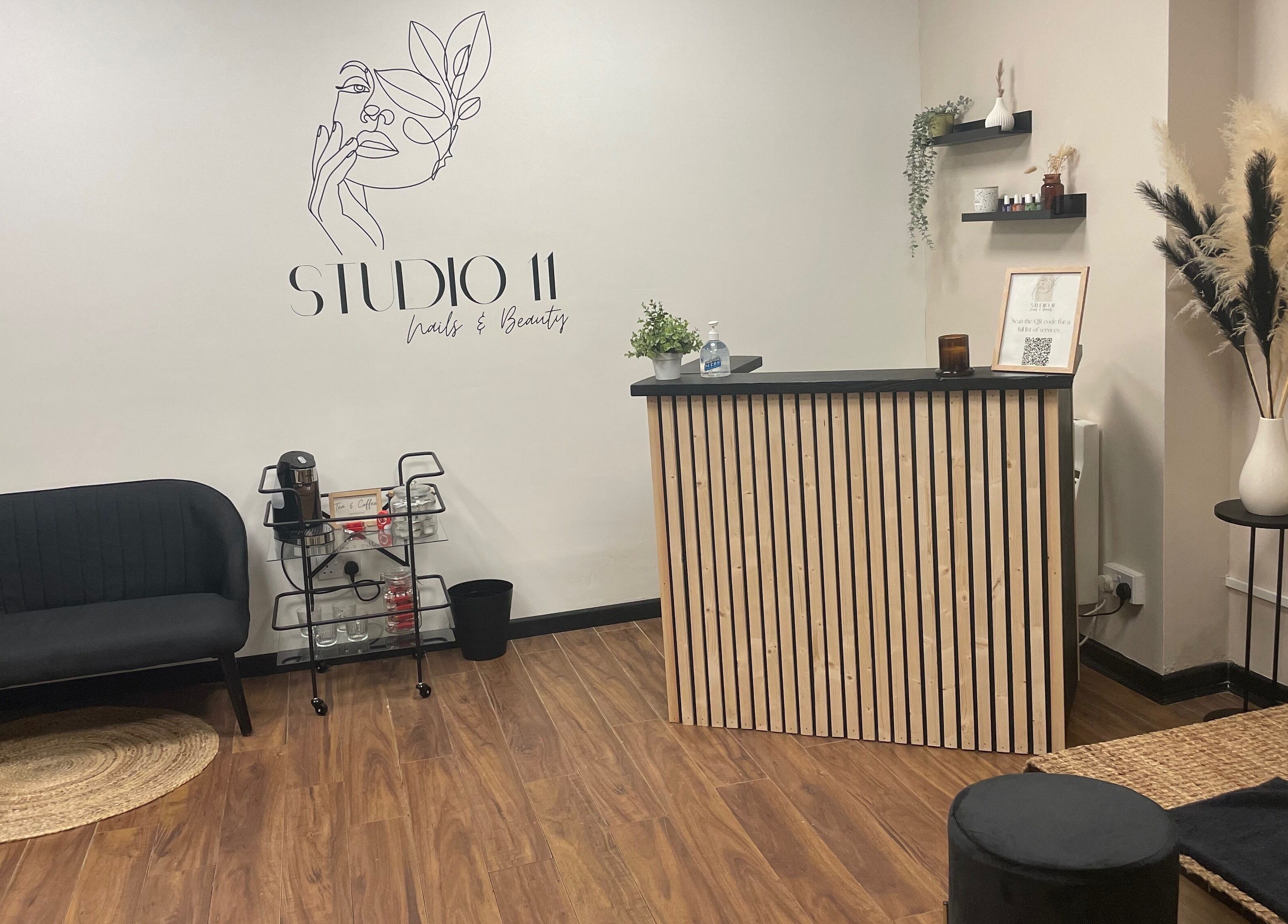 Stylish reception at Studio 11 Nails and Beauty in Oakdale Caerphilly, Wales, GB with modern decor.