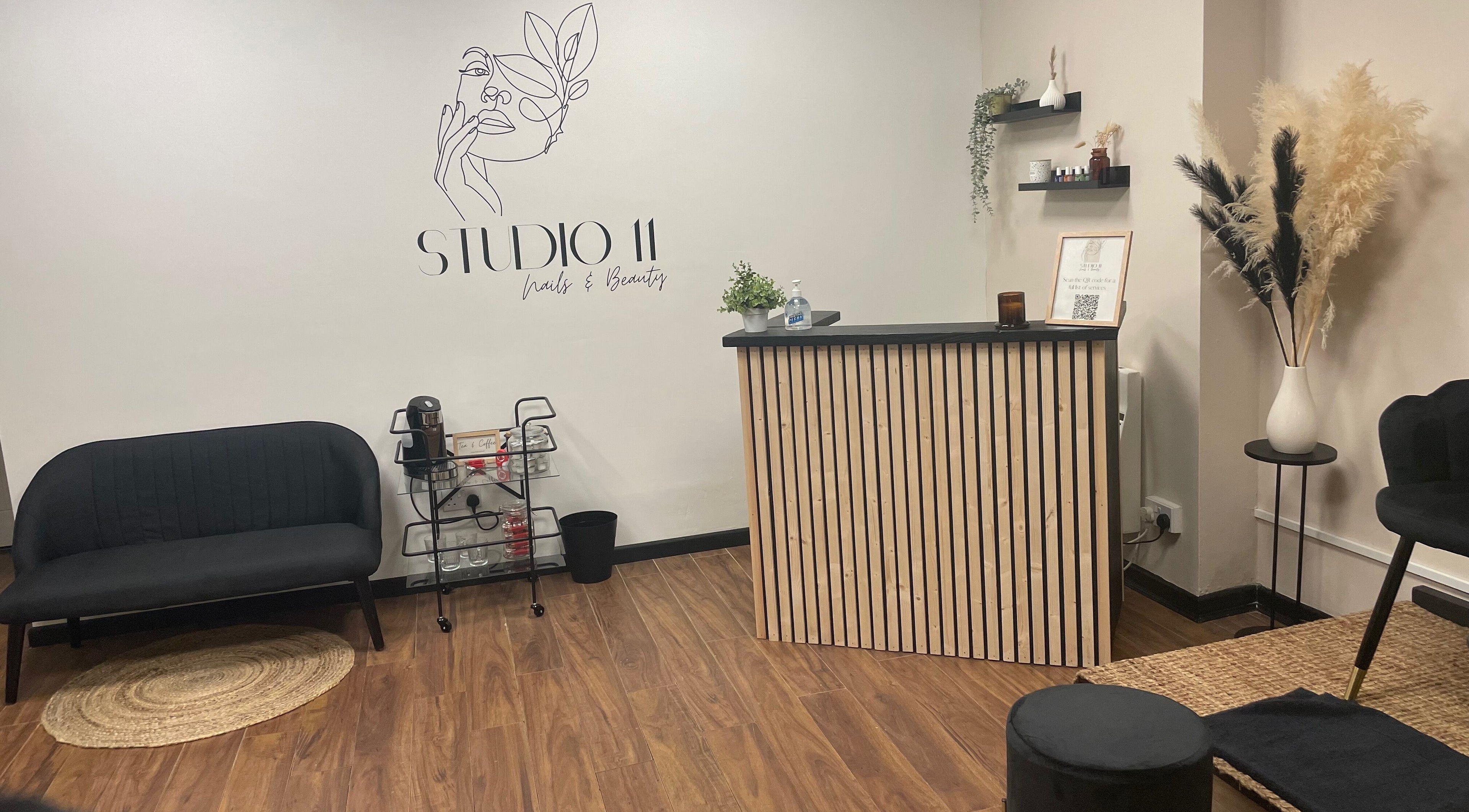 Stylish reception at Studio 11 Nails and Beauty in Oakdale Caerphilly, Wales, GB with modern decor.