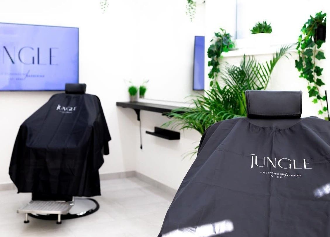 Modern szalon belső tér a Jungle Pécs-ben, elegáns fekete székkel és zöld növényekkel, Pécs, HU.