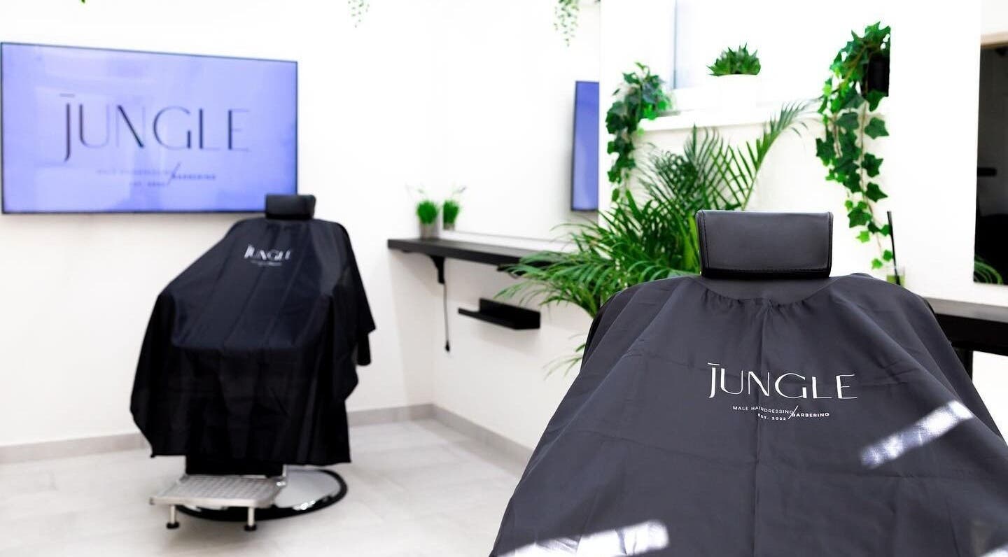 Modern szalon belső tér a Jungle Pécs-ben, elegáns fekete székkel és zöld növényekkel, Pécs, HU.