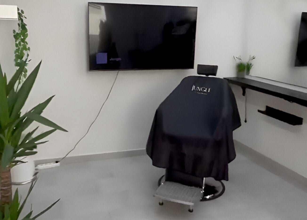 Jungle Pécs szalon belső tere Pécs, HU, modern bőrápoló szék és dekoratív növények.