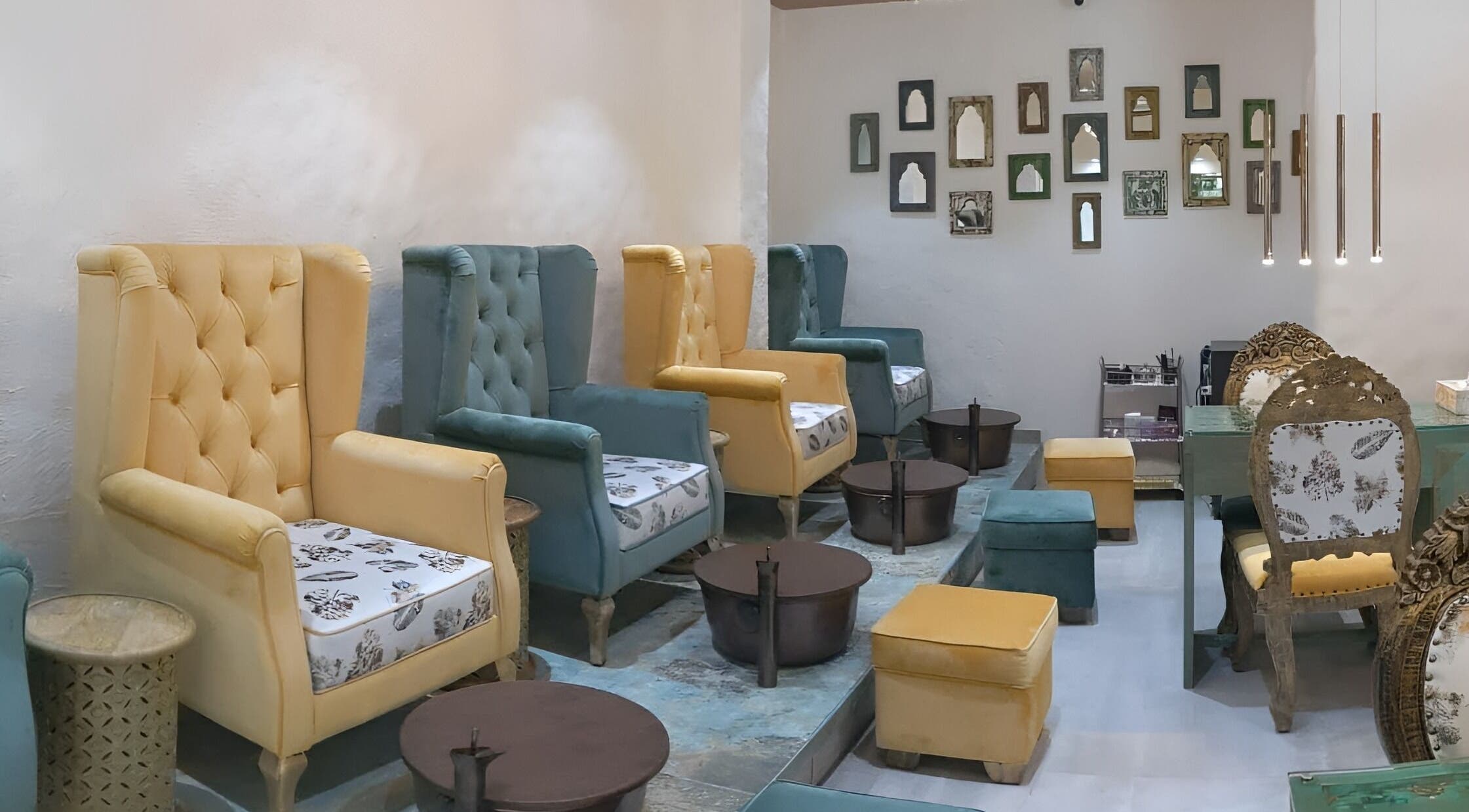 Stylish seating at Ten Beauty Bar, Mumbai, Maharashtra, IN, offering an inviting and luxurious ambiance for relaxation.