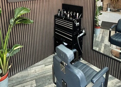 Cozy barber chair setup at RM Barbering, Stockton-on-tees, England, GB.