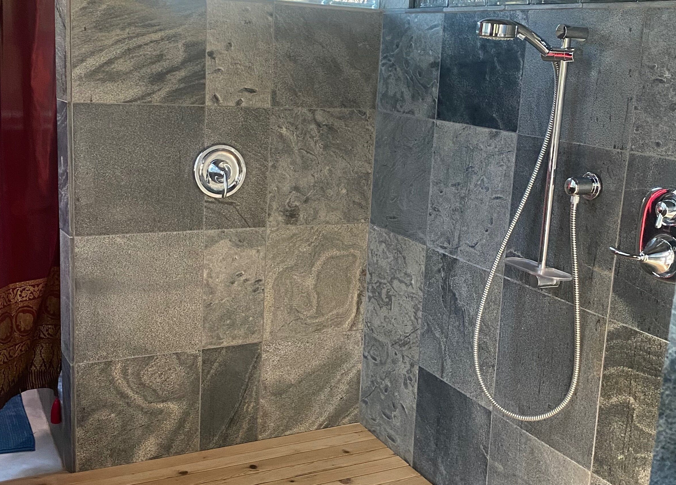 Elegant shower area at Freedom Spa Mobile - Bali Casa, Halfmoon Bay, British Columbia, CA.